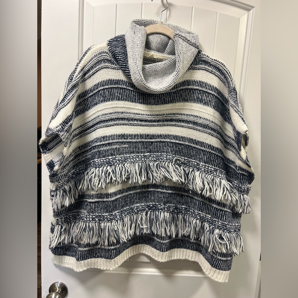 One size fits most -Linda Anderson striped cowl neck sweater poncho with fringe
